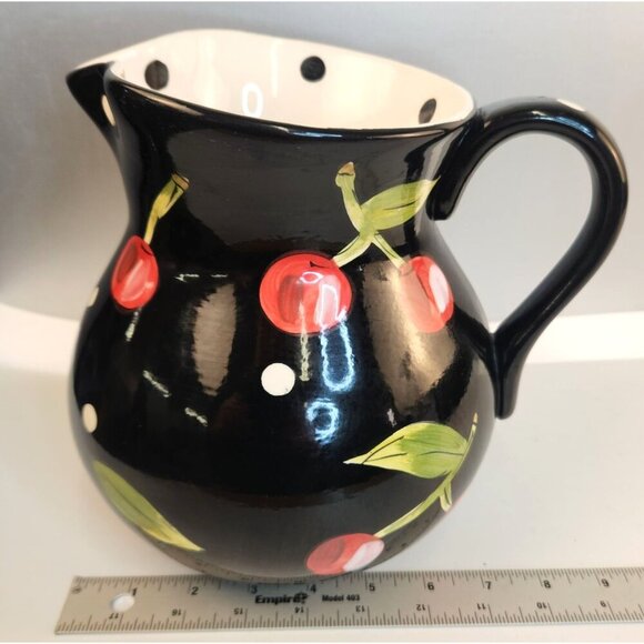 Tabletops Gallery Boulevard Hand Painted Black Ceramic Pitcher With Cherry & Pol - Picture 5 of 8